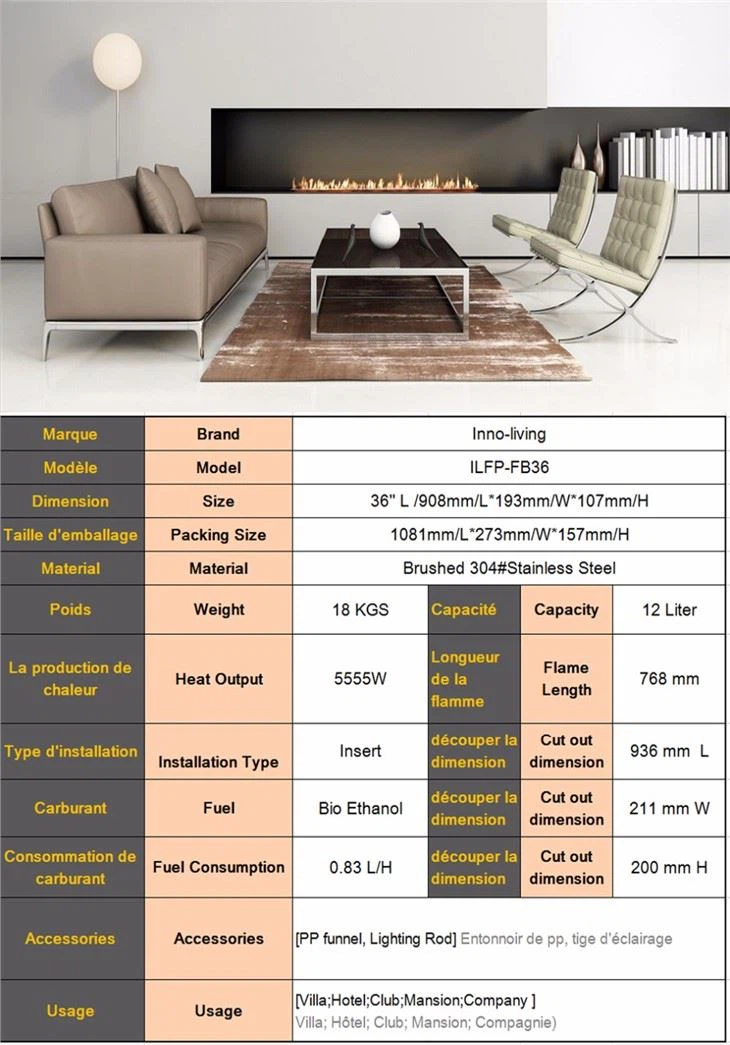 Factory Sale 36 Inch Bio Ethanol Fireplace Burner Insert - 10 Liter